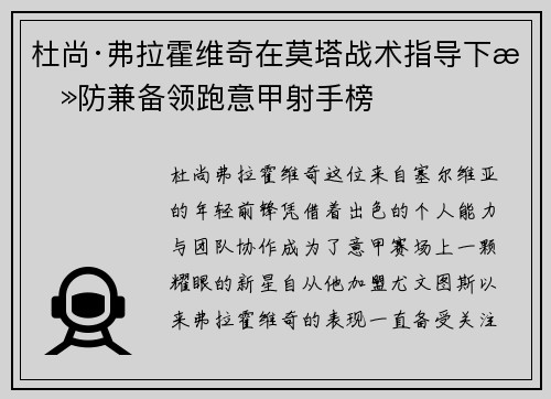 杜尚·弗拉霍维奇在莫塔战术指导下攻防兼备领跑意甲射手榜 杜尚·弗拉霍维奇在莫塔战术指导下攻防兼备领跑意甲射手榜
