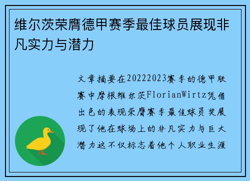 维尔茨荣膺德甲赛季最佳球员展现非凡实力与潜力